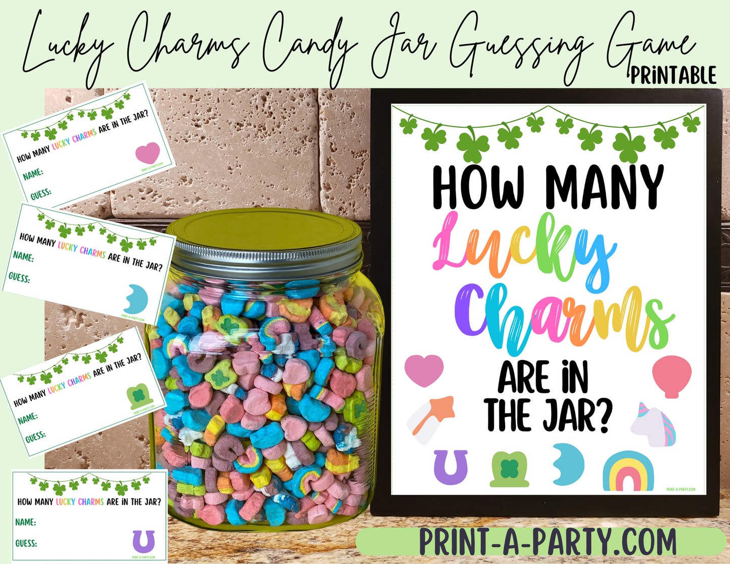 St. Patrick's Day Lucky Charms Candy Jar Guessing Game Printable – Sign and cards for holiday parties, classrooms and events