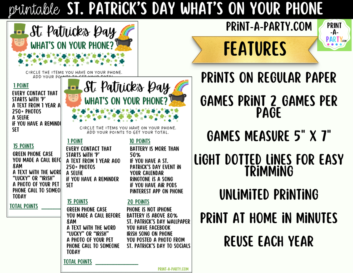 St. Patrick's Day What's on Your Phone Game Printable