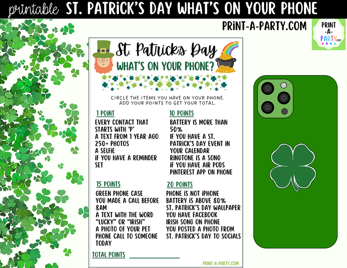St. Patrick's Day What's on Your Phone Game Printable