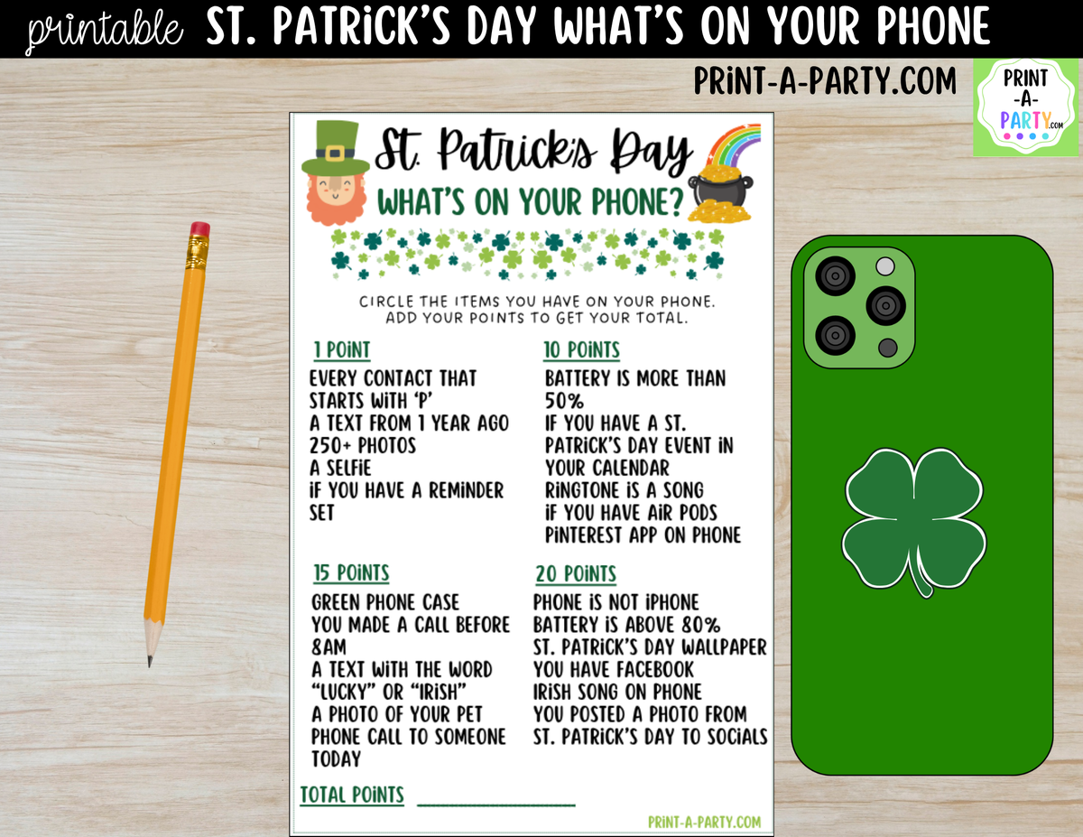 St. Patrick's Day What's on Your Phone Game Printable