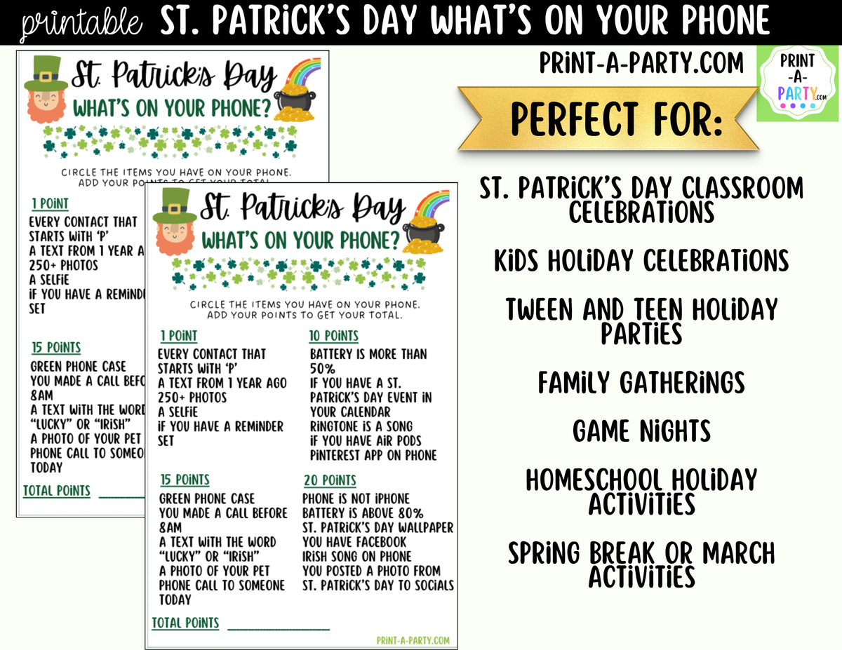 St. Patrick's Day What's on Your Phone Game Printable