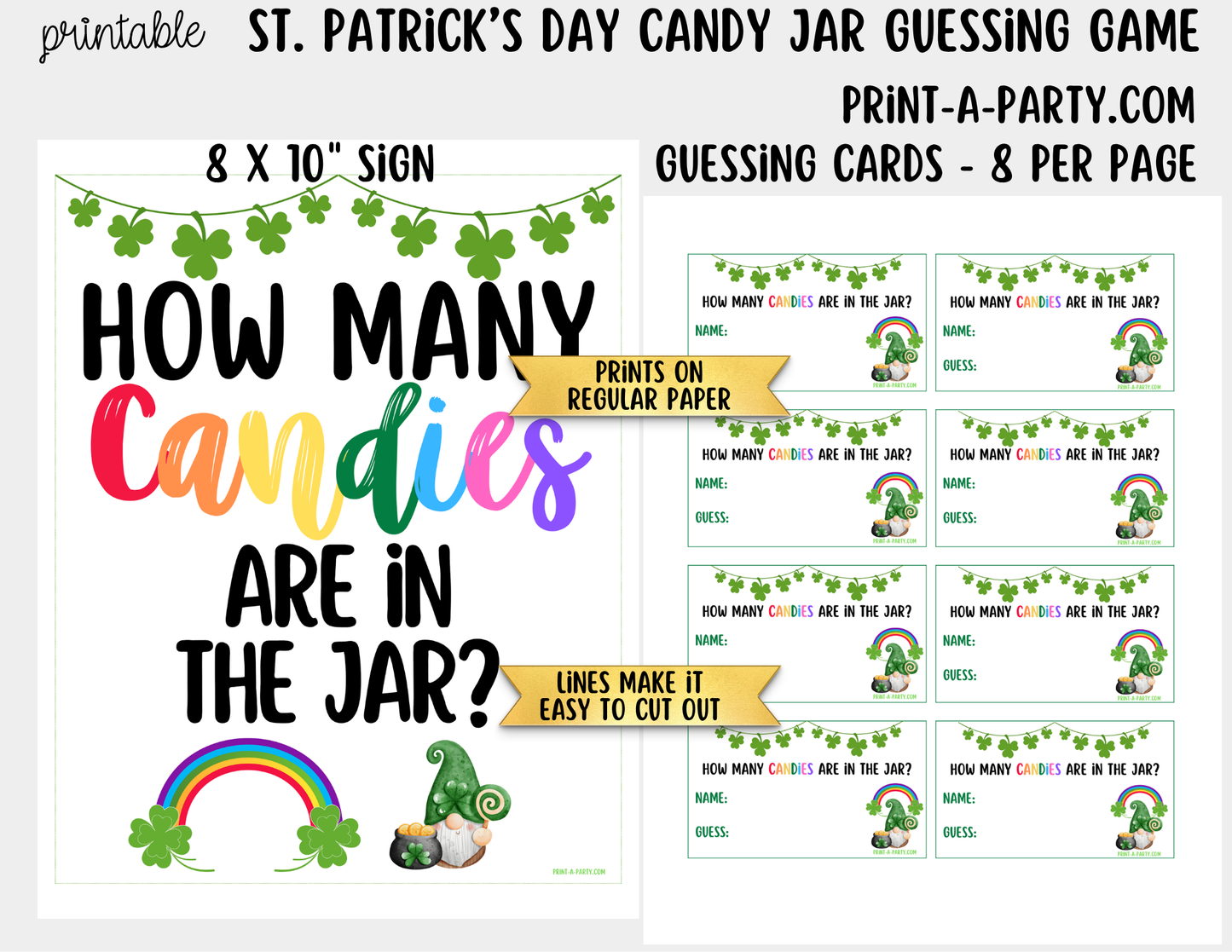 St. Patrick's Day Rainbow Candy Jar Game Printable Sign (8x10) & Guessing Cards for Holiday Parties