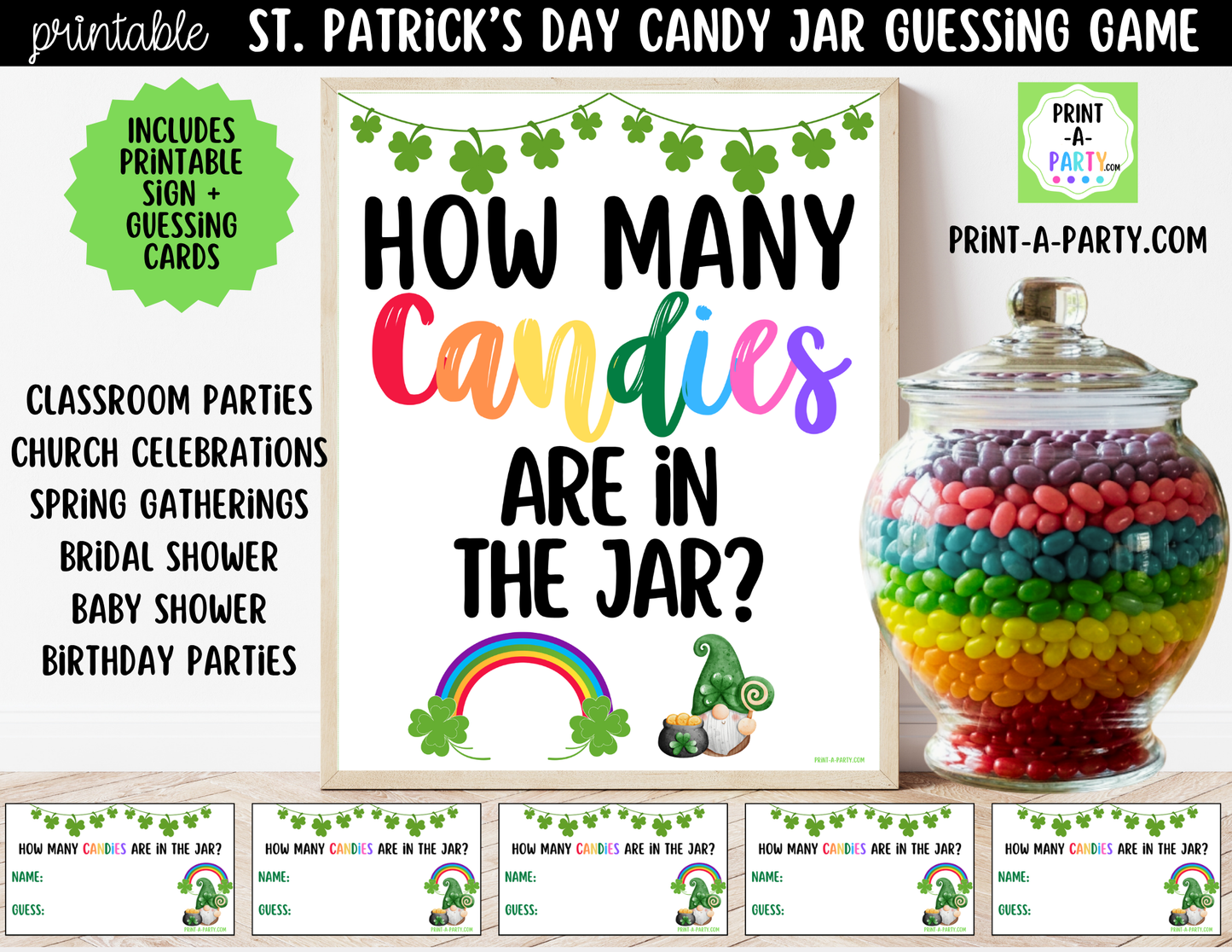 St. Patrick's Day Rainbow Candy Jar Game Printable Sign (8x10) & Guessing Cards for Holiday Parties