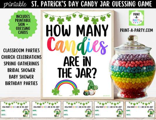 St. Patrick's Day Rainbow Candy Jar Game Printable Sign (8x10) & Guessing Cards for Holiday Parties