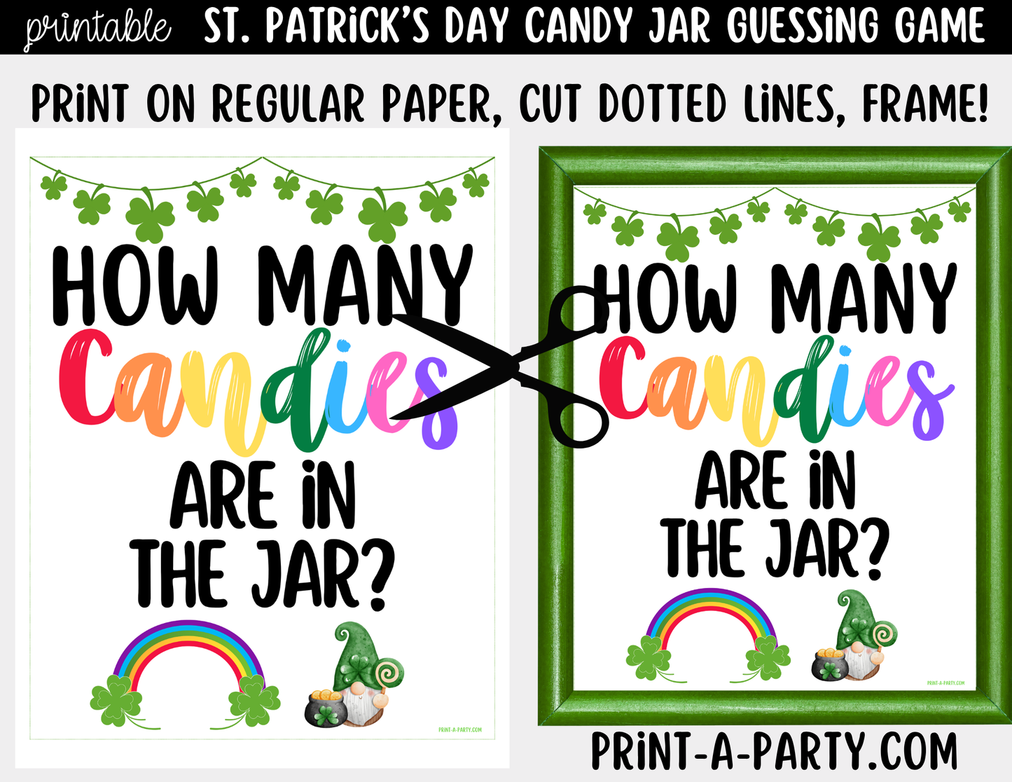 St. Patrick's Day Rainbow Candy Jar Game Printable Sign (8x10) & Guessing Cards for Holiday Parties