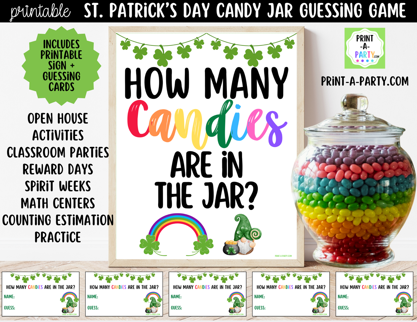 St. Patrick's Day Rainbow Candy Jar Game Printable Sign (8x10) & Guessing Cards for Holiday Parties