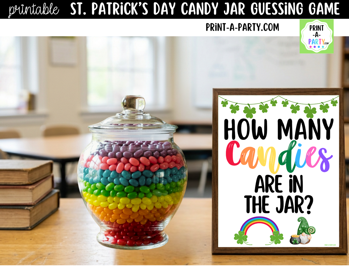 St. Patrick's Day Rainbow Candy Jar Game Printable Sign (8x10) & Guessing Cards for Holiday Parties
