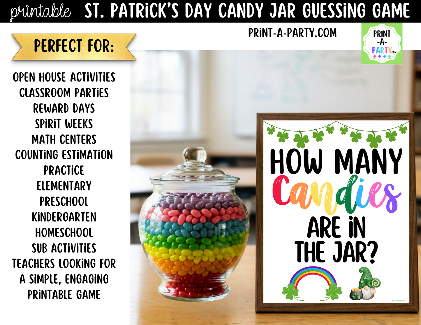 St. Patrick's Day Rainbow Candy Jar Game Printable Sign (8x10) & Guessing Cards for Holiday Parties