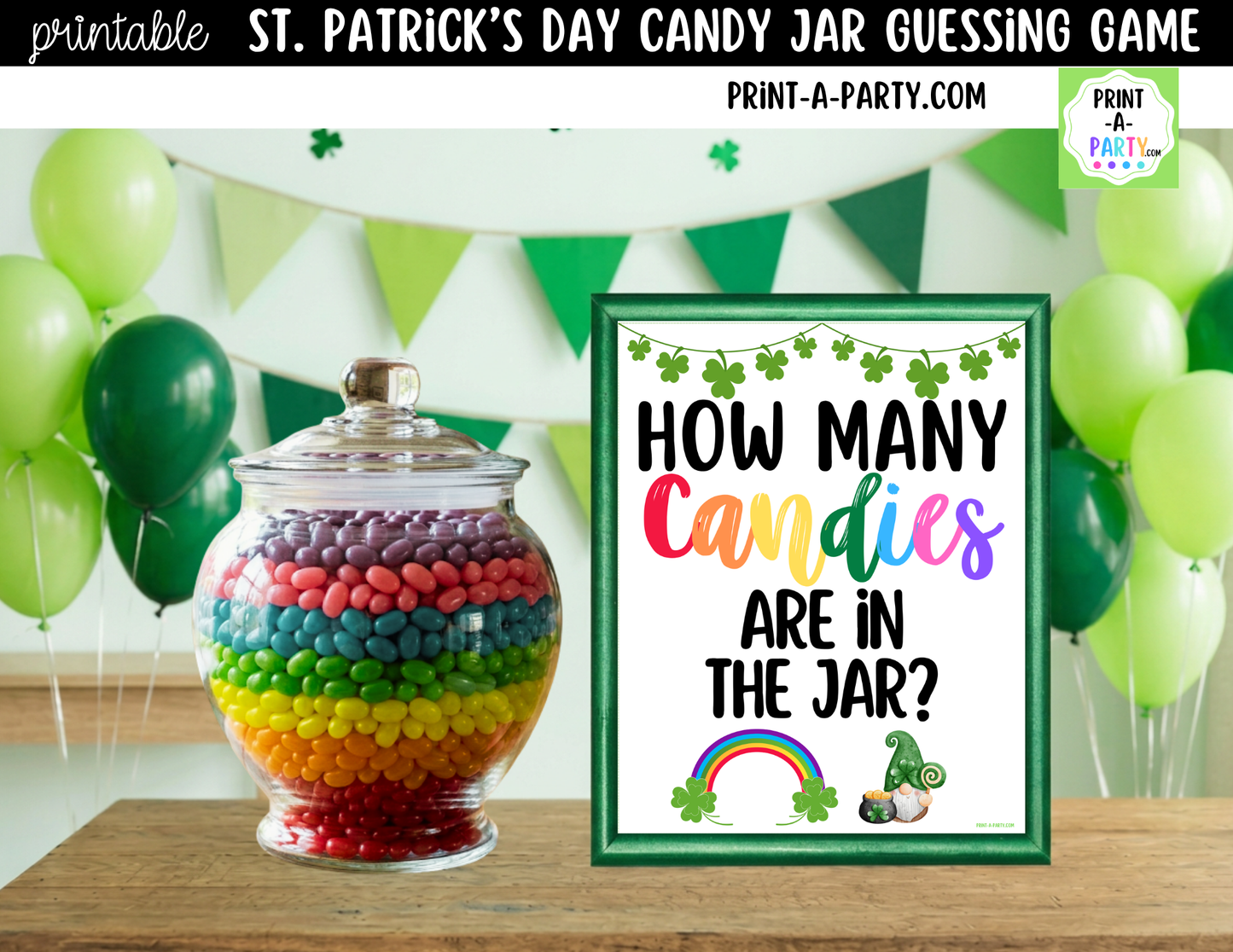St. Patrick's Day Rainbow Candy Jar Game Printable Sign (8x10) & Guessing Cards for Holiday Parties