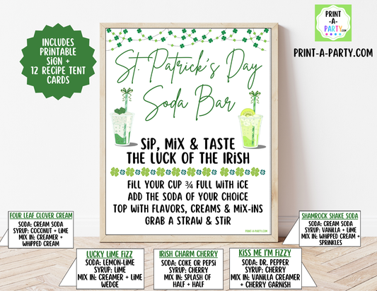 SODA BAR - Printable St. Patrick's Day "Dirty" Soda Bar Printable Kit - Sign & Recipe Tent Cards (12 recipes!) Drink Station Decor