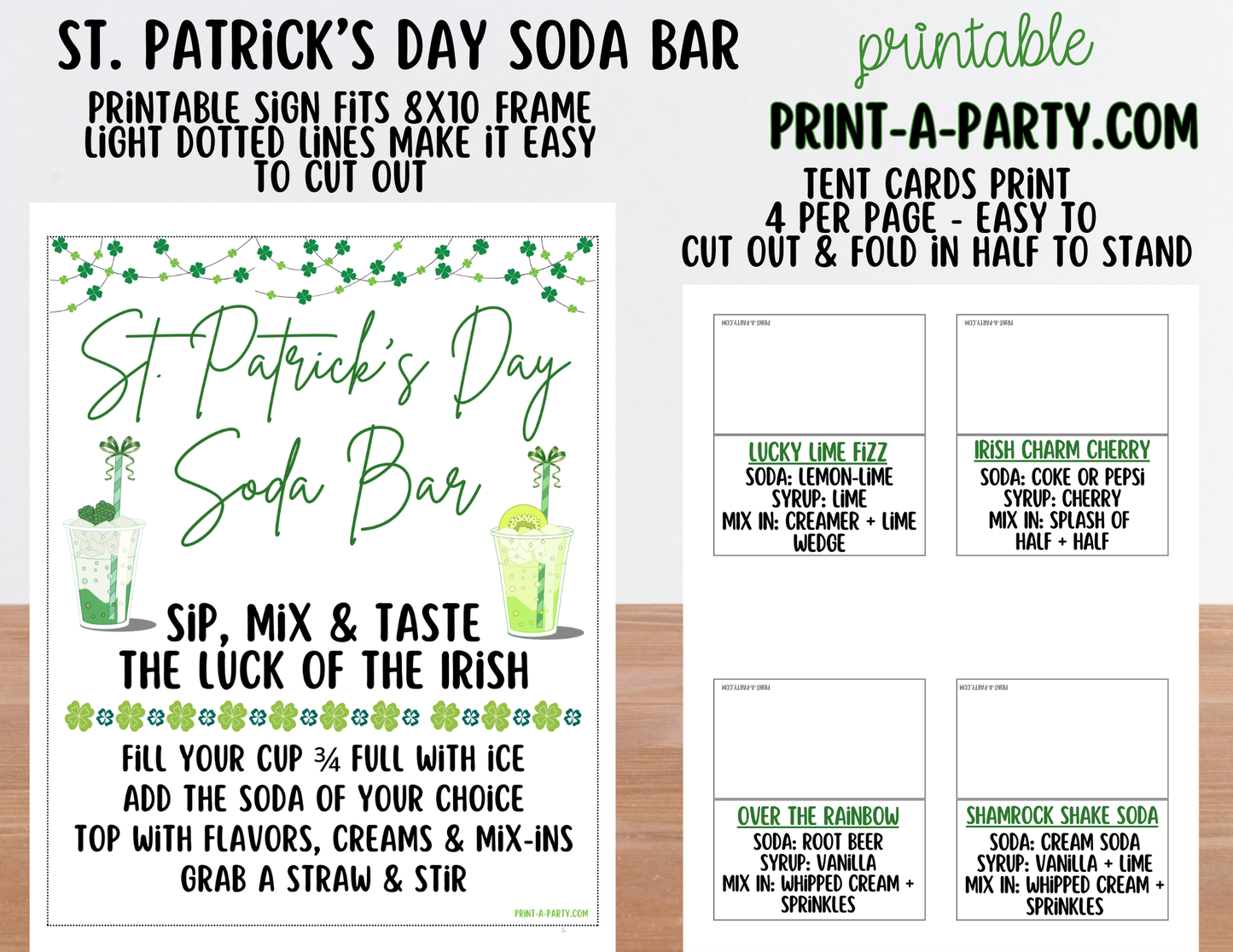 SODA BAR - Printable St. Patrick's Day "Dirty" Soda Bar Printable Kit - Sign & Recipe Tent Cards (12 recipes!) Drink Station Decor