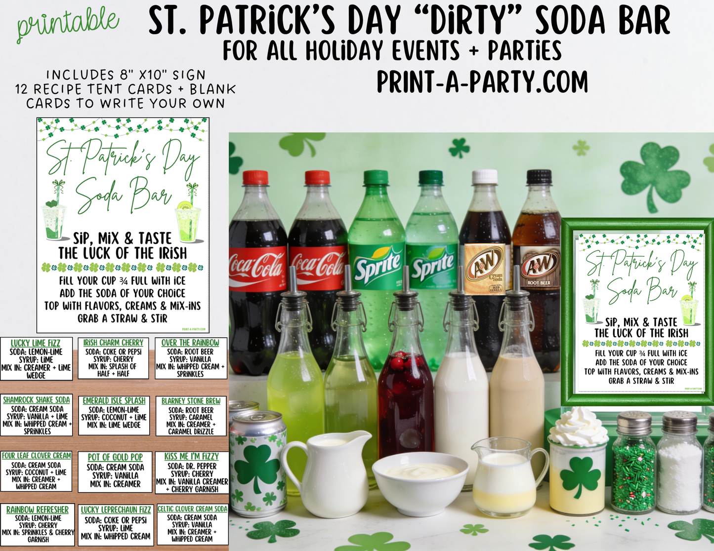 SODA BAR - Printable St. Patrick's Day "Dirty" Soda Bar Printable Kit - Sign & Recipe Tent Cards (12 recipes!) Drink Station Decor