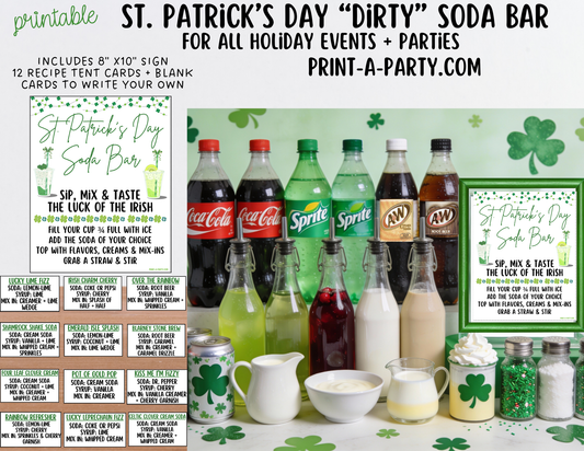 SODA BAR - Printable St. Patrick's Day "Dirty" Soda Bar Printable Kit - Sign & Recipe Tent Cards (12 recipes!) Drink Station Decor