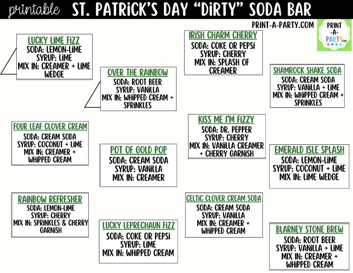 St. Patrick's Day Dirty Soda Bar Printable Kit
