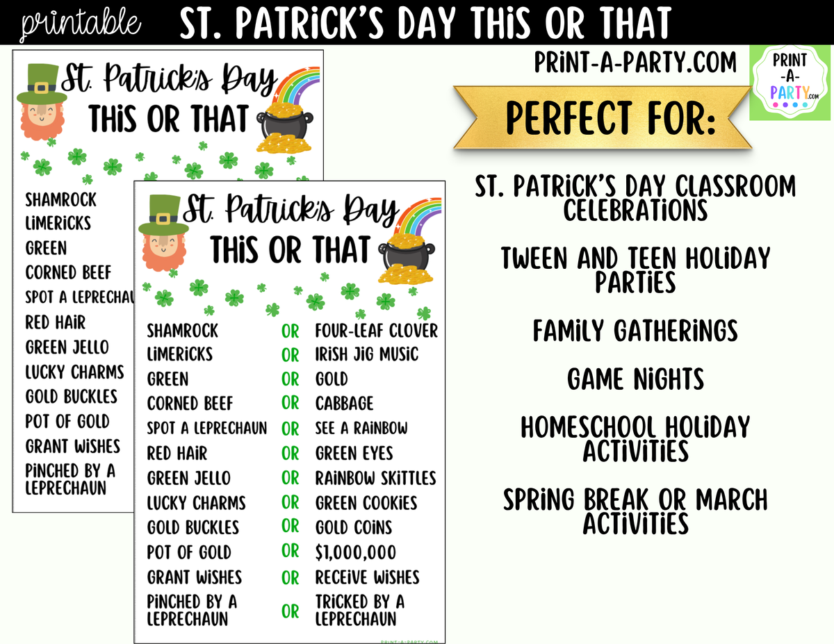 St. Patrick's Day This or That Printable | Party Game
