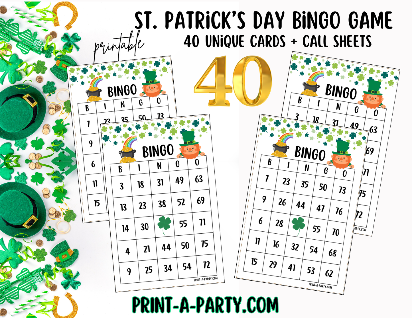 BINGO: St. Patrick's Day Bingo Game | Leprechaun | Shamrock | Pot of Gold | Classrooms | Parties | Birthday | 30, 40, or 50 cards - INSTANT DOWNLOAD