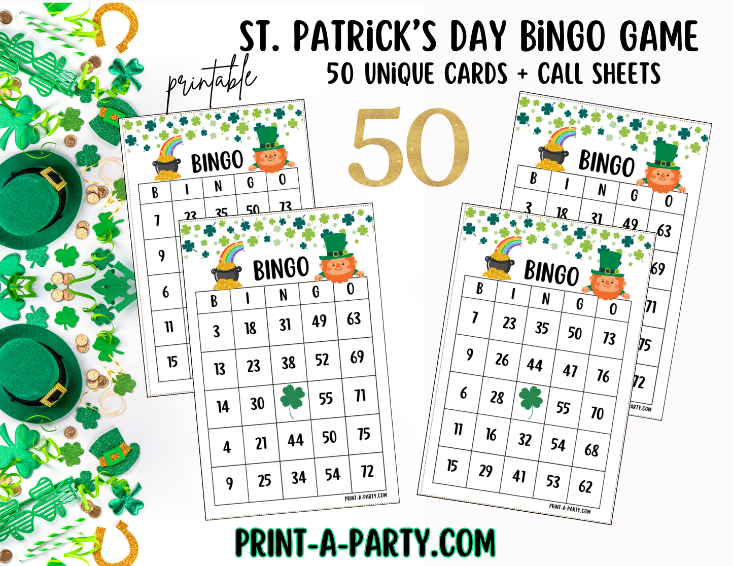 BINGO: St. Patrick's Day Bingo Game | Leprechaun | Shamrock | Pot of Gold | Classrooms | Parties | Birthday | 30, 40, or 50 cards - INSTANT DOWNLOAD