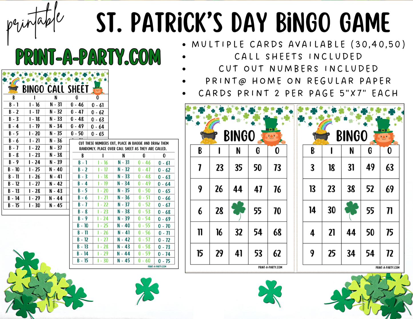 BINGO: St. Patrick's Day Bingo Game | Leprechaun | Shamrock | Pot of Gold | Classrooms | Parties | Birthday | 30, 40, or 50 cards - INSTANT DOWNLOAD