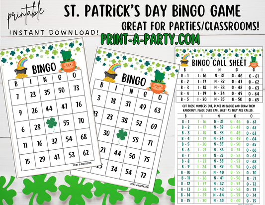 BINGO: St. Patrick's Day Bingo Game | Leprechaun | Shamrock | Pot of Gold | Classrooms | Parties | Birthday | 30, 40, or 50 cards - INSTANT DOWNLOAD