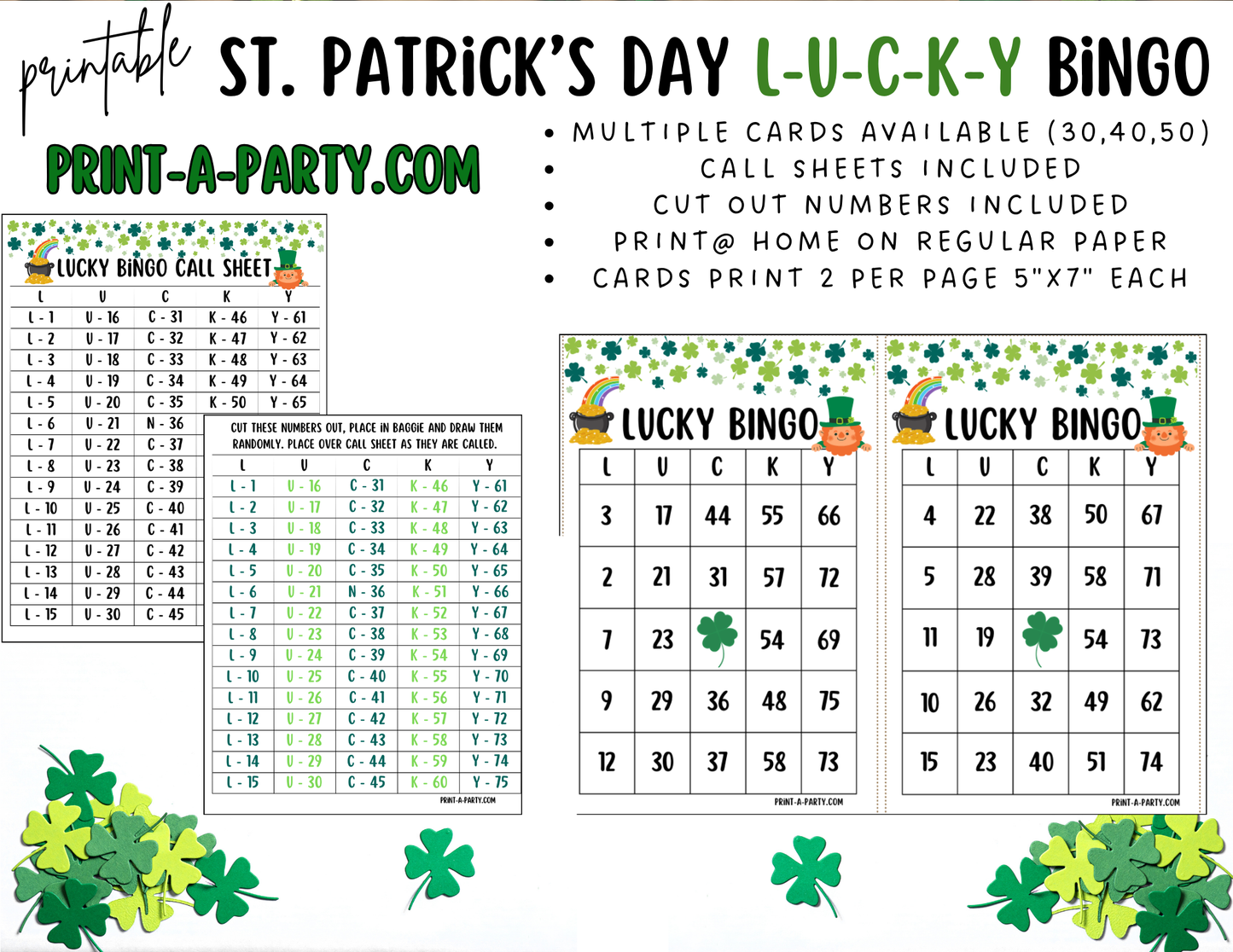 BINGO: St. Patrick's Day L-U-C-K-Y Bingo | Lucky Bingo | Leprechaun | Shamrock | Pot of Gold | Classrooms | Parties | Birthday | 30, 40, or 50 cards - INSTANT DOWNLOAD