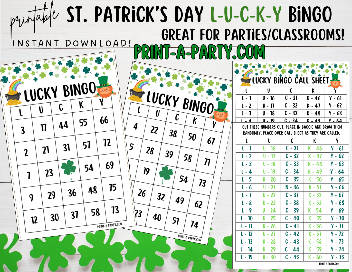 BINGO: St. Patrick's Day L-U-C-K-Y Bingo | Lucky Bingo | Leprechaun | Shamrock | Pot of Gold | Classrooms | Parties | Birthday | 30, 40, or 50 cards - INSTANT DOWNLOAD