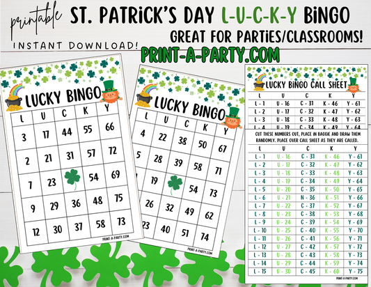 BINGO: St. Patrick's Day L-U-C-K-Y Bingo | Lucky Bingo | Leprechaun | Shamrock | Pot of Gold | Classrooms | Parties | Birthday | 30, 40, or 50 cards - INSTANT DOWNLOAD