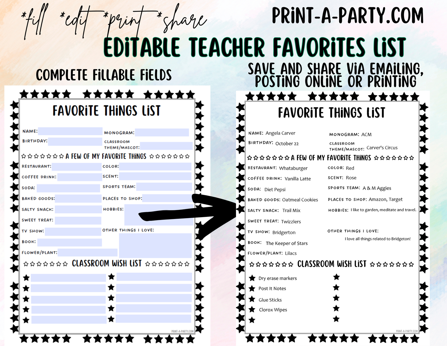 Teacher Favorite Things List - Editable - Fillable PDF | Stars Theme | All About Teacher | Teacher Questionnaire | Teacher Wishlist