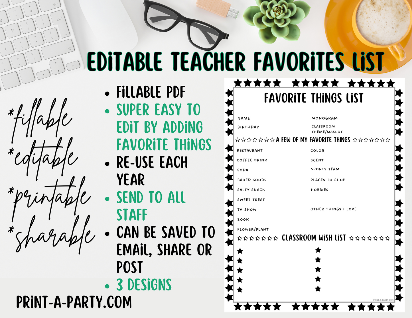 Teacher Favorite Things List - Editable - Fillable PDF | Stars Theme | All About Teacher | Teacher Questionnaire | Teacher Wishlist