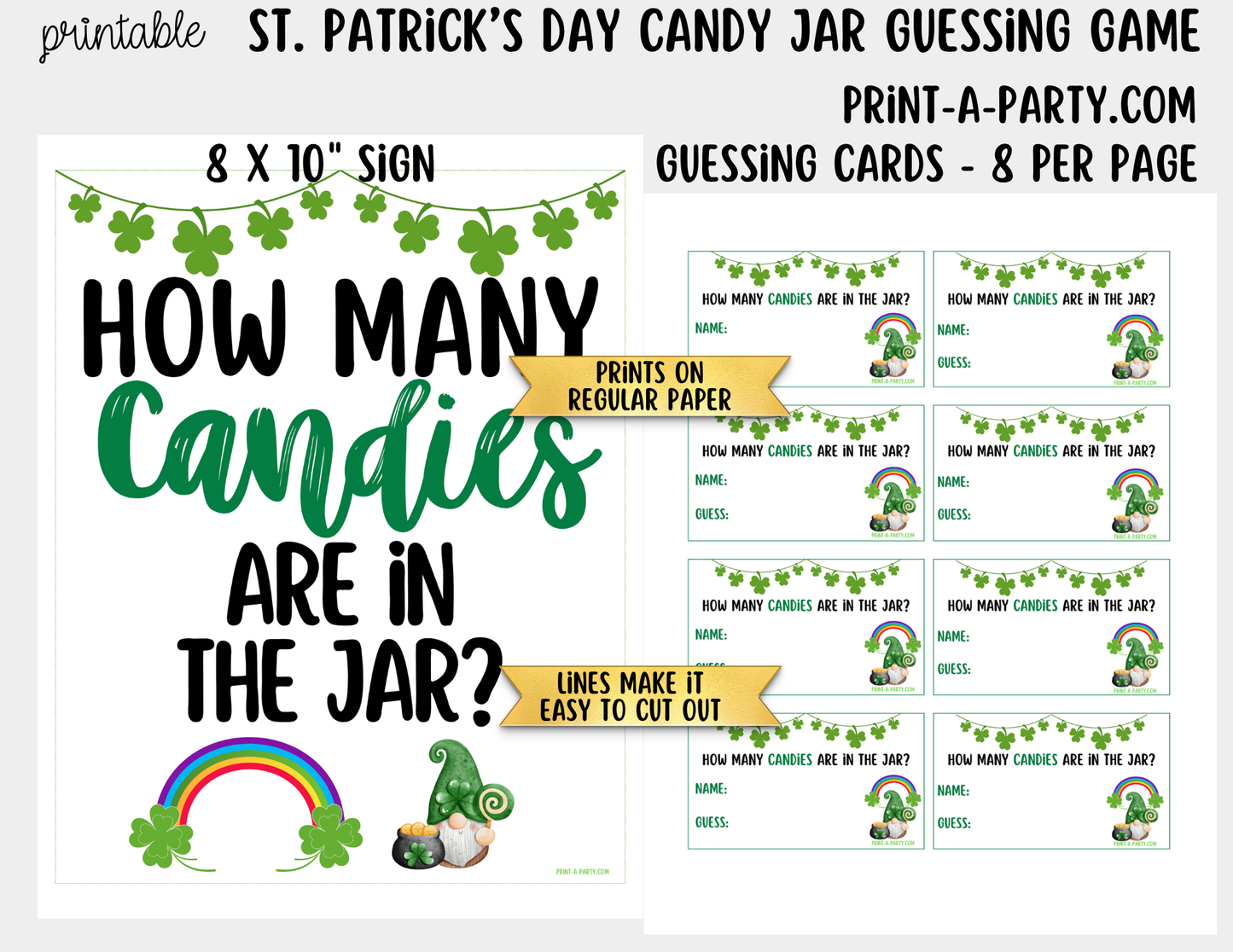 St. Patrick's Day Candy Jar Game Printable Sign (8x10) & Guessing Cards for Holiday Parties