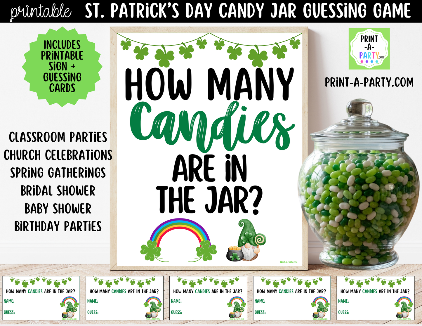 St. Patrick's Day Candy Jar Game Printable Sign (8x10) & Guessing Cards for Holiday Parties