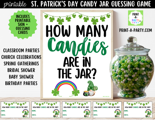 St. Patrick's Day Candy Jar Game Printable Sign (8x10) & Guessing Cards for Holiday Parties