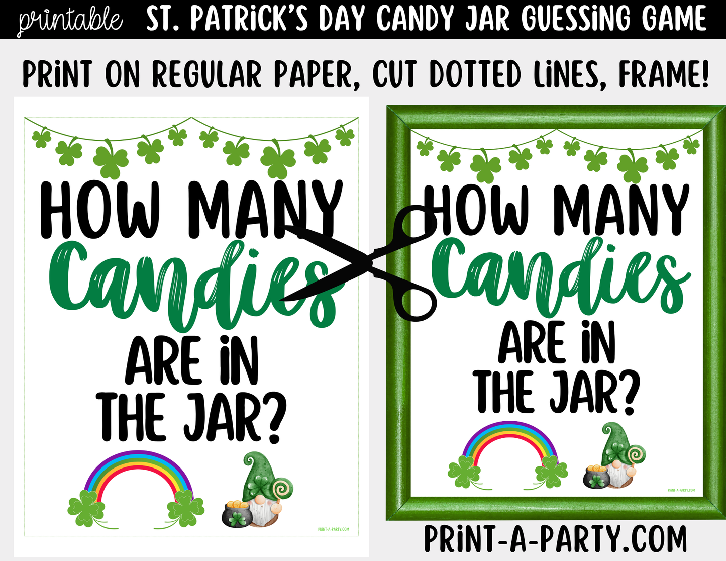 St. Patrick's Day Candy Jar Game Printable Sign (8x10) & Guessing Cards for Holiday Parties