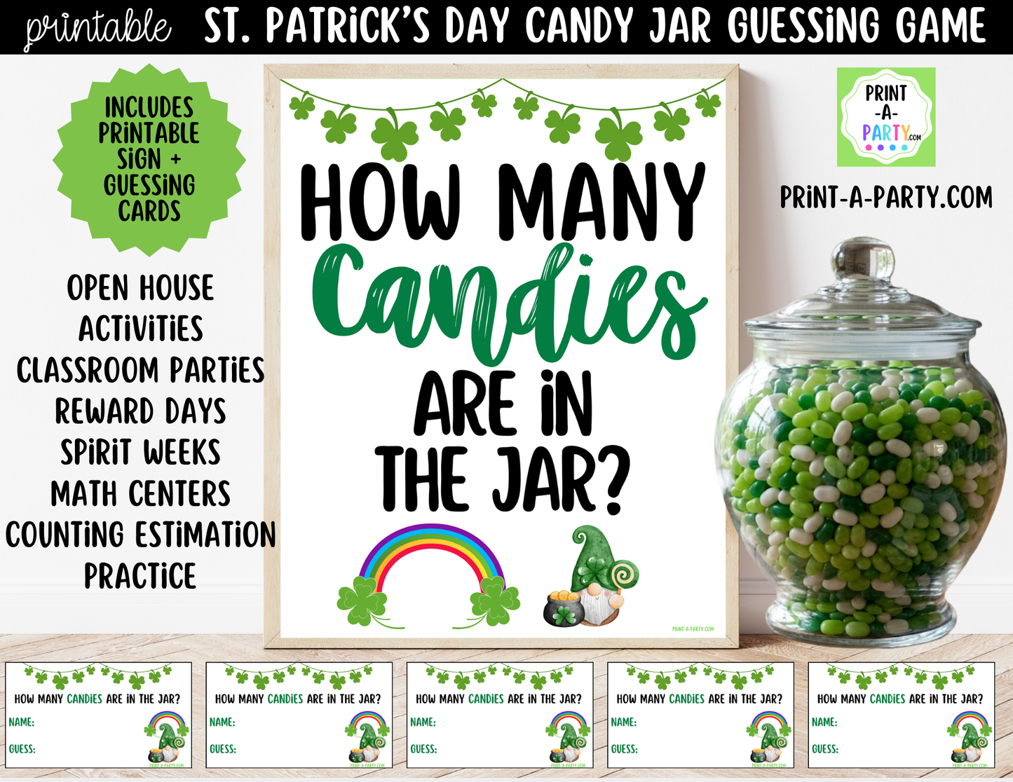 St. Patrick's Day Candy Jar Game Printable Sign (8x10) & Guessing Cards for Holiday Parties