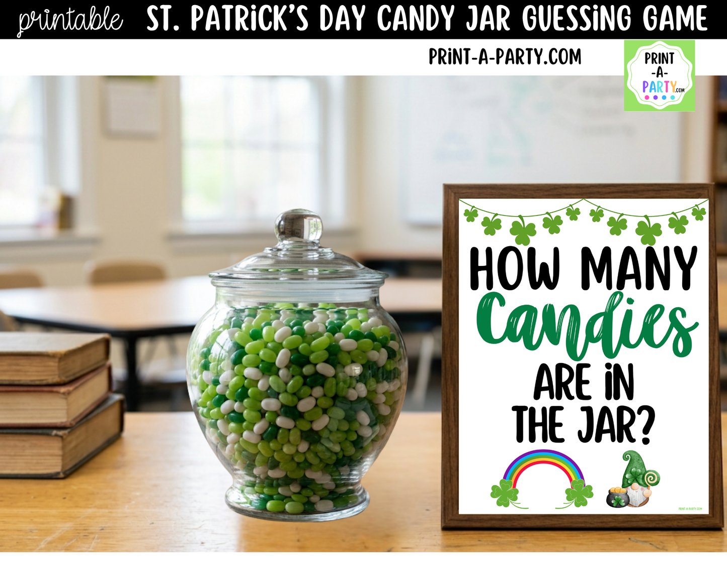 St. Patrick's Day Candy Jar Game Printable Sign (8x10) & Guessing Cards for Holiday Parties