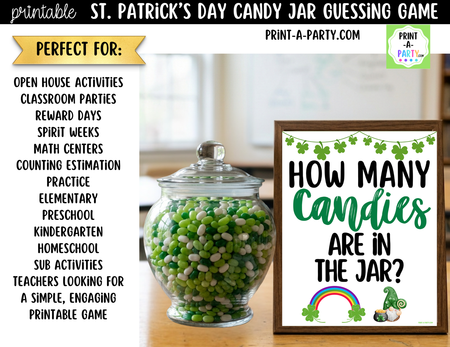 St. Patrick's Day Candy Jar Game Printable Sign (8x10) & Guessing Cards for Holiday Parties