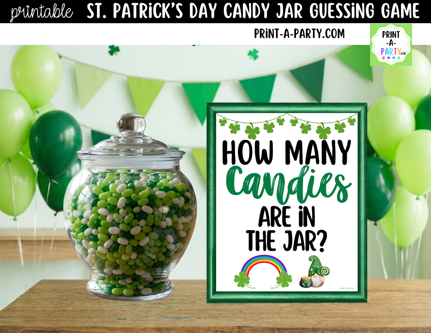 St. Patrick's Day Candy Jar Game Printable Sign (8x10) & Guessing Cards for Holiday Parties