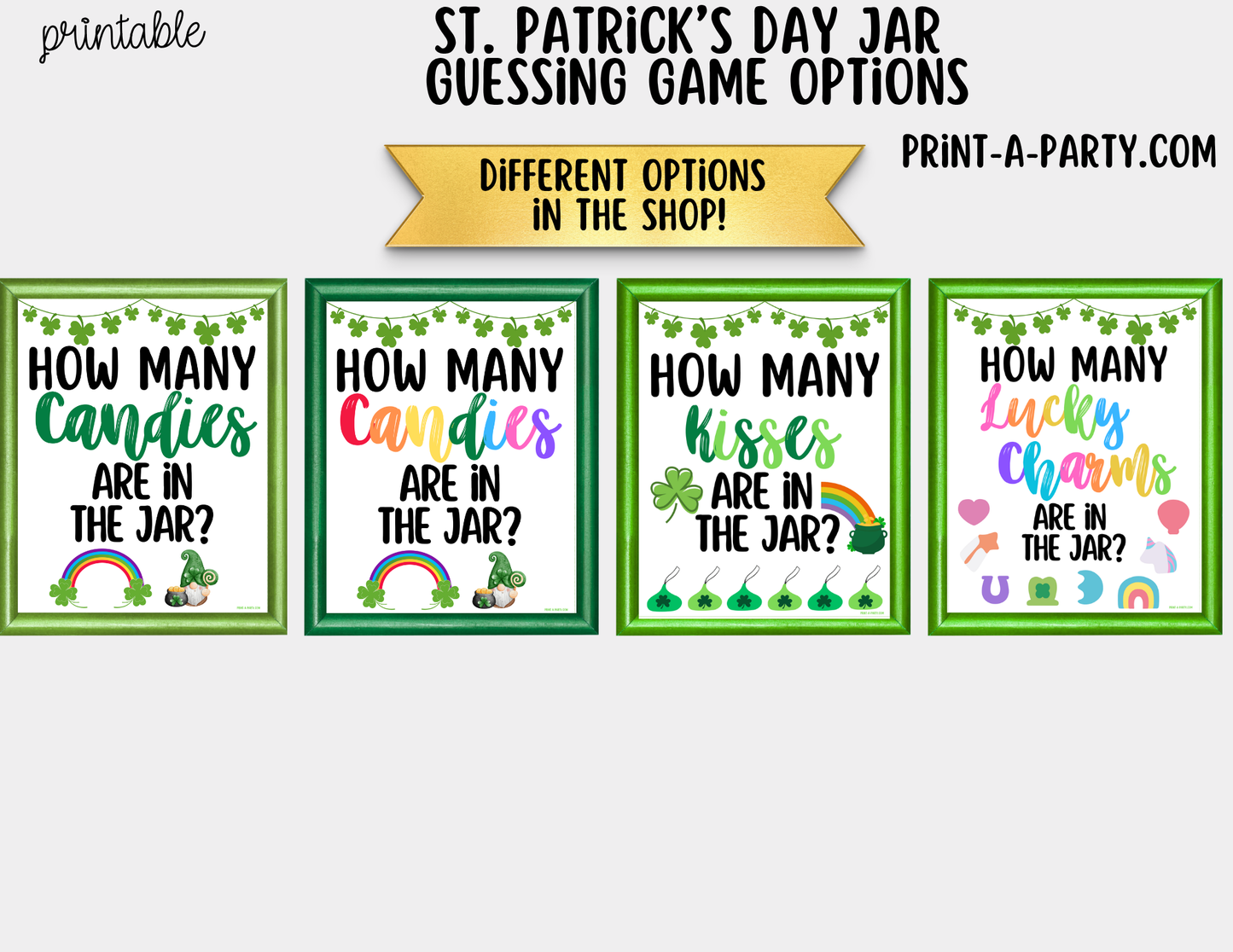 St. Patrick's Day Kisses Jar Game Printable Sign (8x10) and Guessing Cards for Holiday Parties