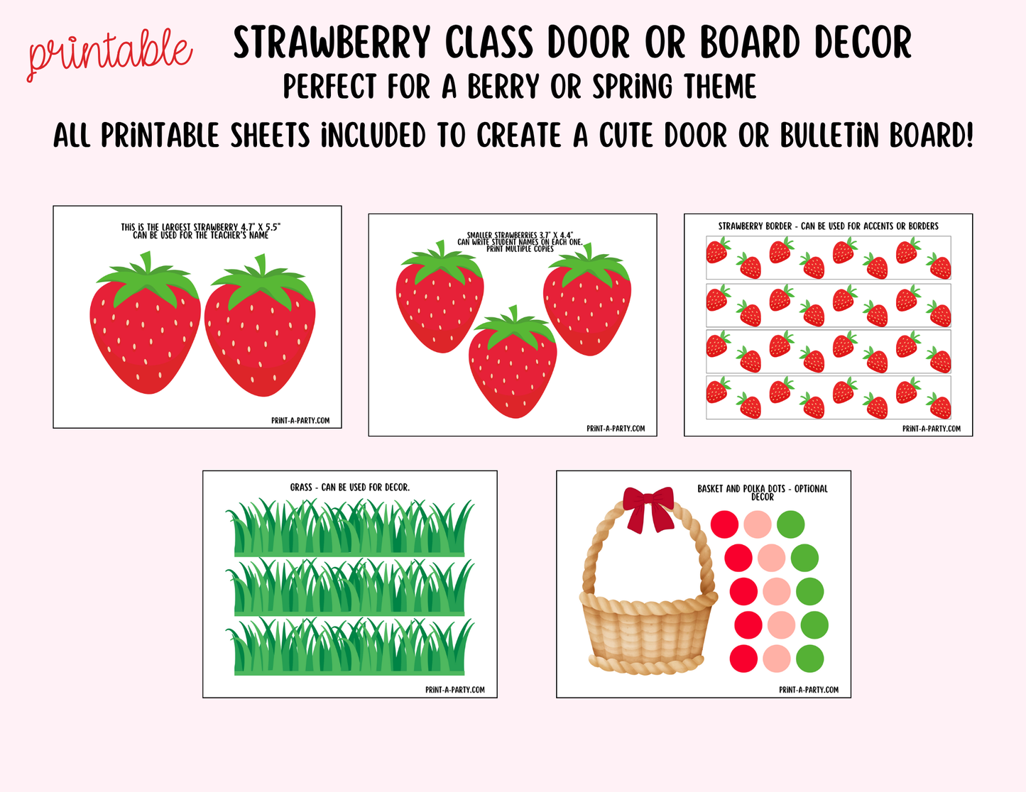 CLASSROOM DECOR | Strawberry-Themed Door Decoration Bulletin Board Decor - Our Class is Berry Sweet – Printable Strawberry-Themed Classroom Decor Kit