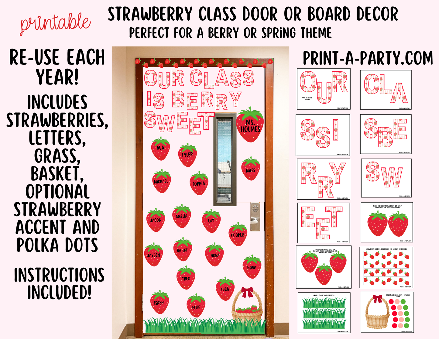 CLASSROOM DECOR | Strawberry-Themed Door Decoration Bulletin Board Decor - Our Class is Berry Sweet – Printable Strawberry-Themed Classroom Decor Kit