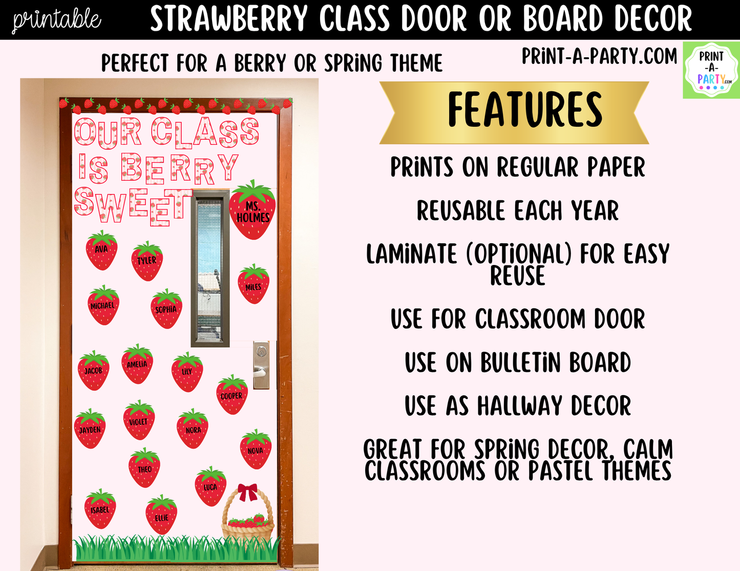 Strawberry-themed Printable Classroom Decor Kit for Doors, Boards, Hallways - Our Class Is Berry Sweet