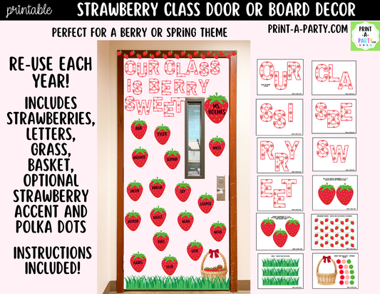 Strawberry-themed Printable Classroom Decor Kit for Doors, Boards, Hallways - Our Class Is Berry Sweet