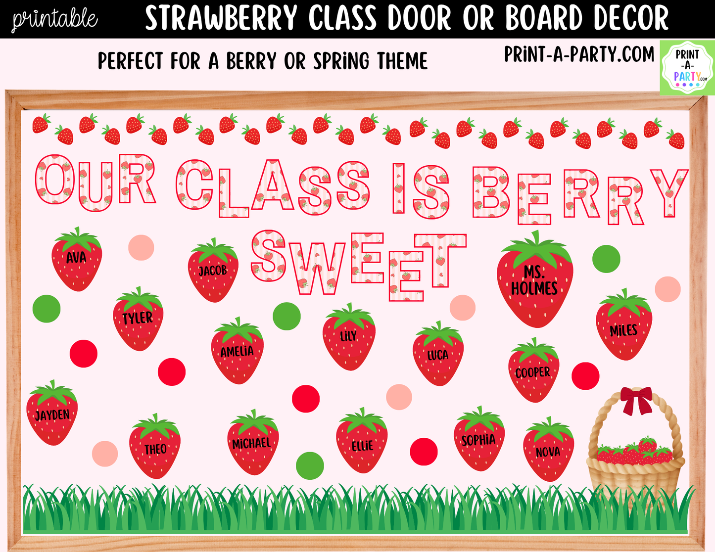 Strawberry-themed Printable Classroom Decor Kit for Doors, Boards, Hallways - Our Class Is Berry Sweet