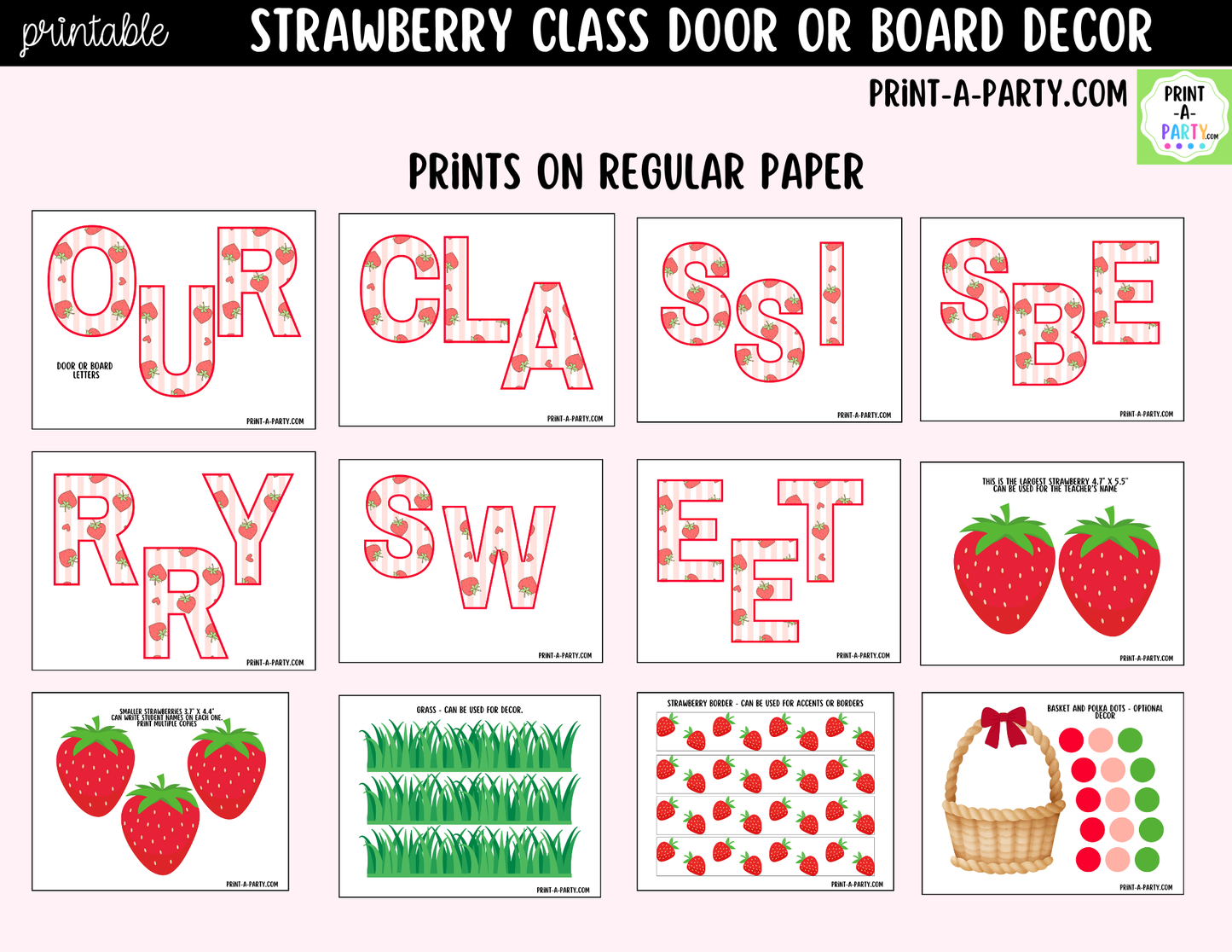 Strawberry-themed Printable Classroom Decor Kit for Doors, Boards, Hallways - Our Class Is Berry Sweet