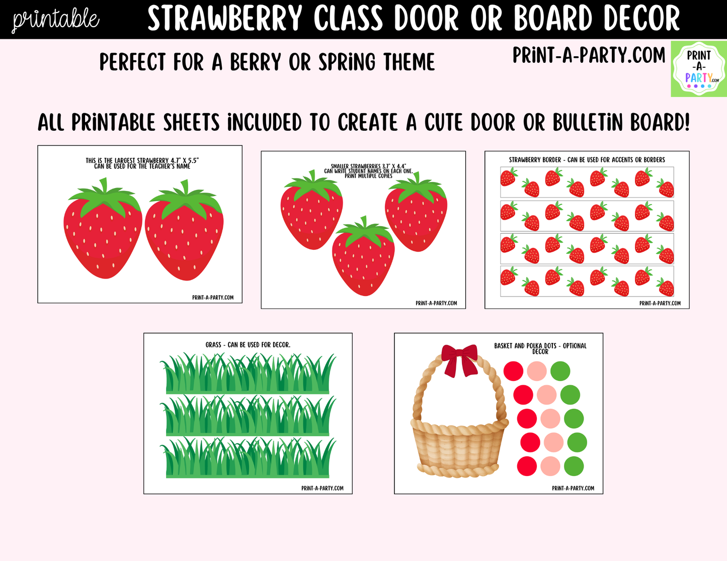 Strawberry-themed Printable Classroom Decor Kit for Doors, Boards, Hallways - Our Class Is Berry Sweet