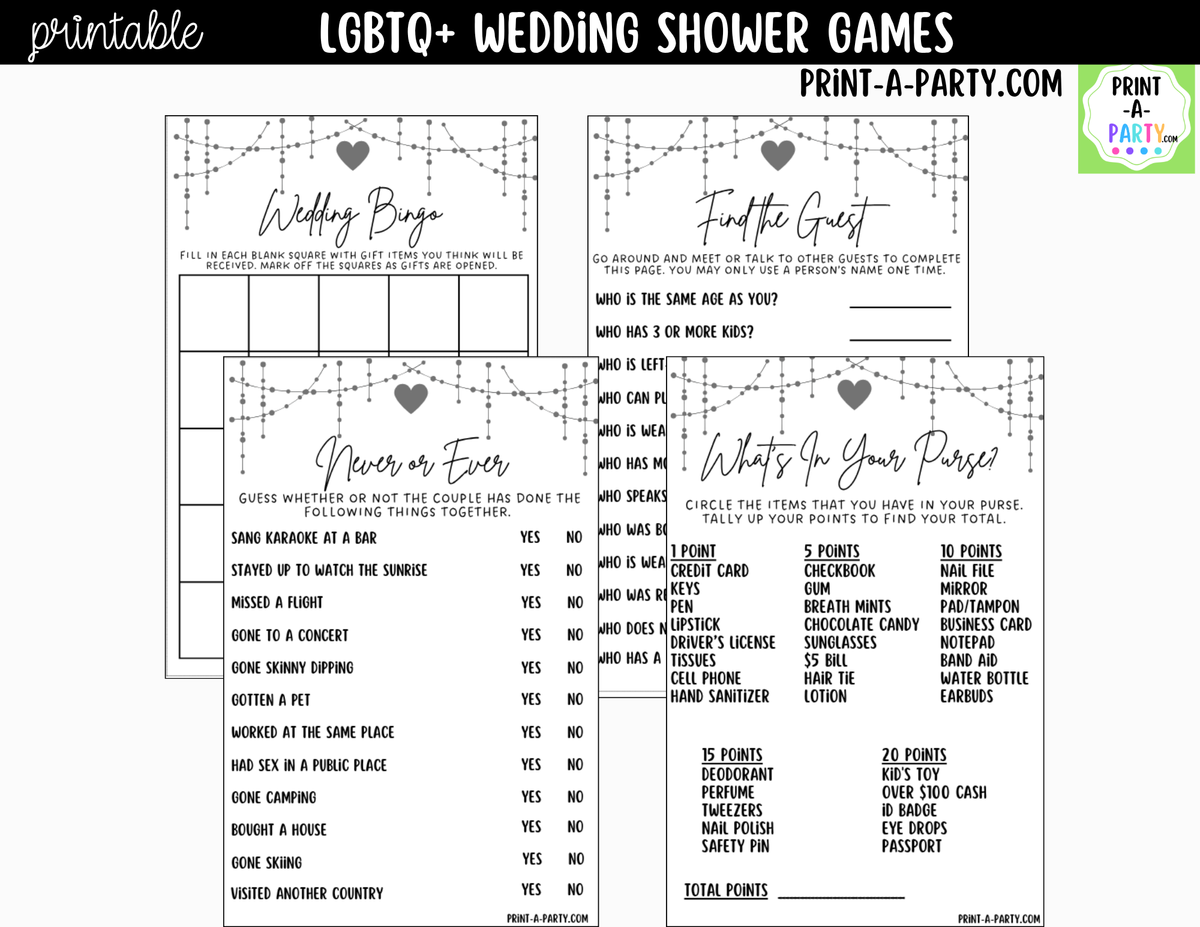 LGBTQ+ Wedding Shower Games Printable | Couples Party Games