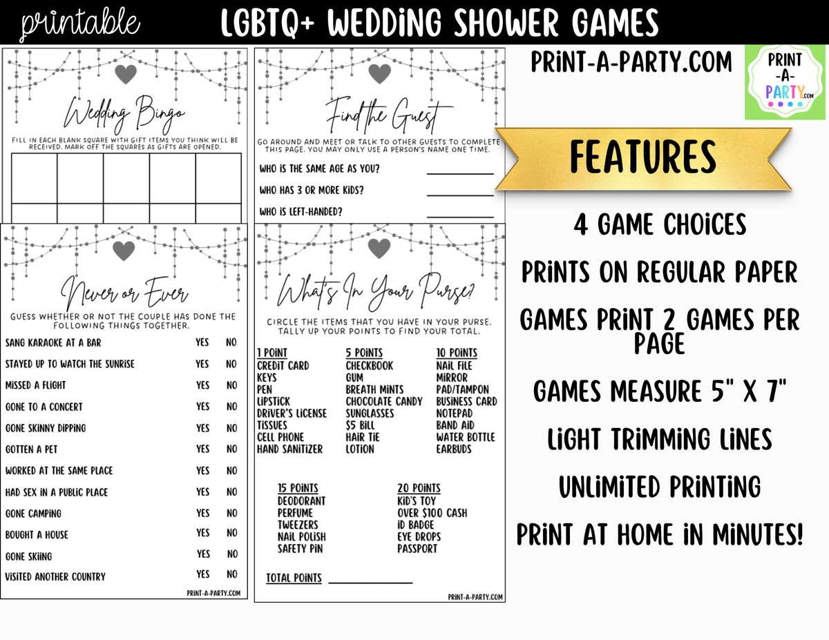 LGBTQ+ Wedding Shower Games Printable | Couples Party Games