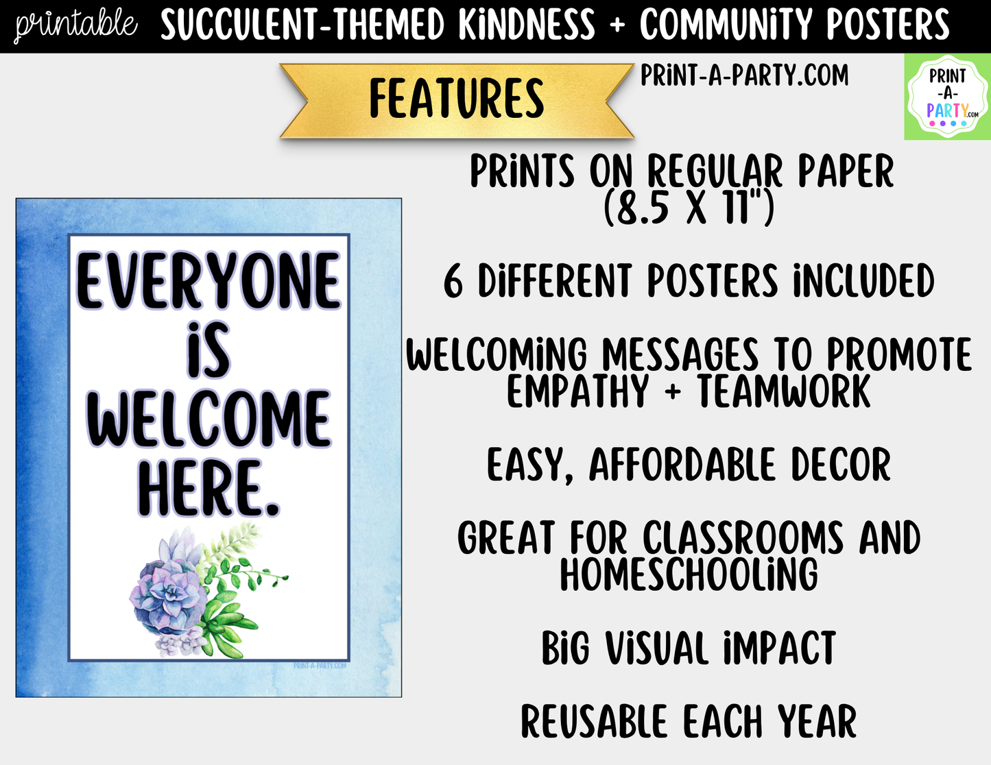 Succulent-Themed Kindness and Community Posters - Printable Classroom Decor for Teamwork and Inclusion