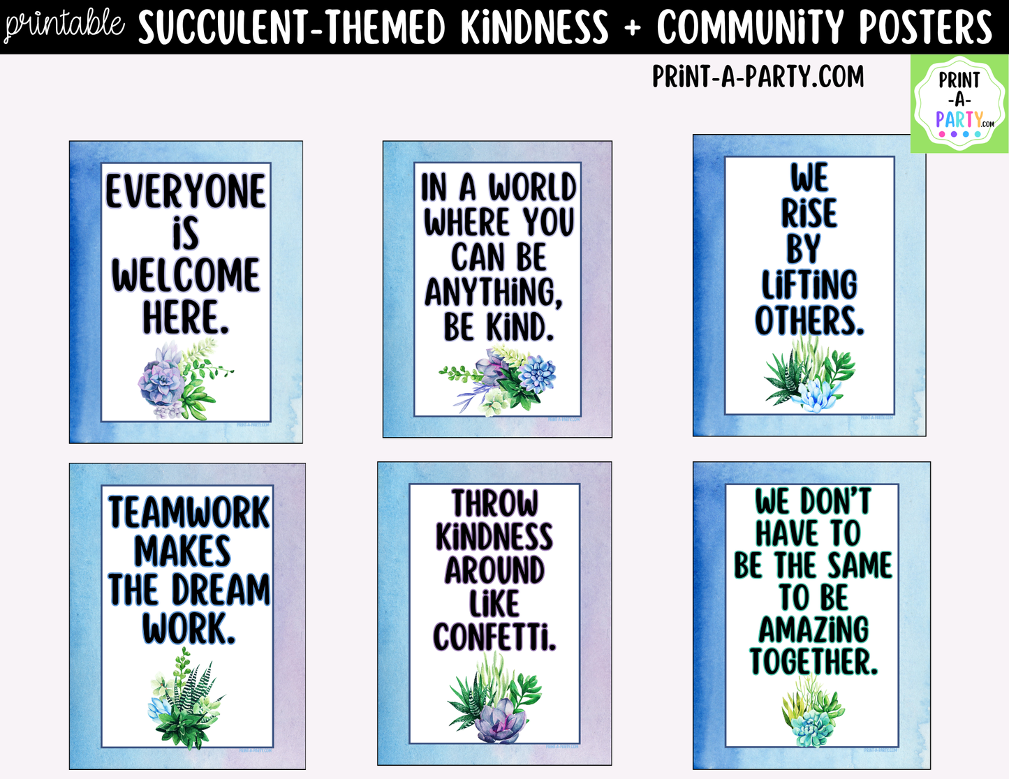 Succulent-Themed Kindness and Community Posters - Printable Classroom Decor for Teamwork and Inclusion