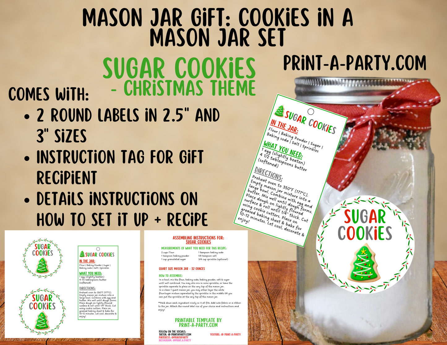 MASON JAR COOKIE GIFT: Sugar Cookies in a Mason Jar | Cookies in a jar gift | Christmas Sugar Cookies Mason Jar | Mason Jar Gift Kit | Holiday Gift Idea