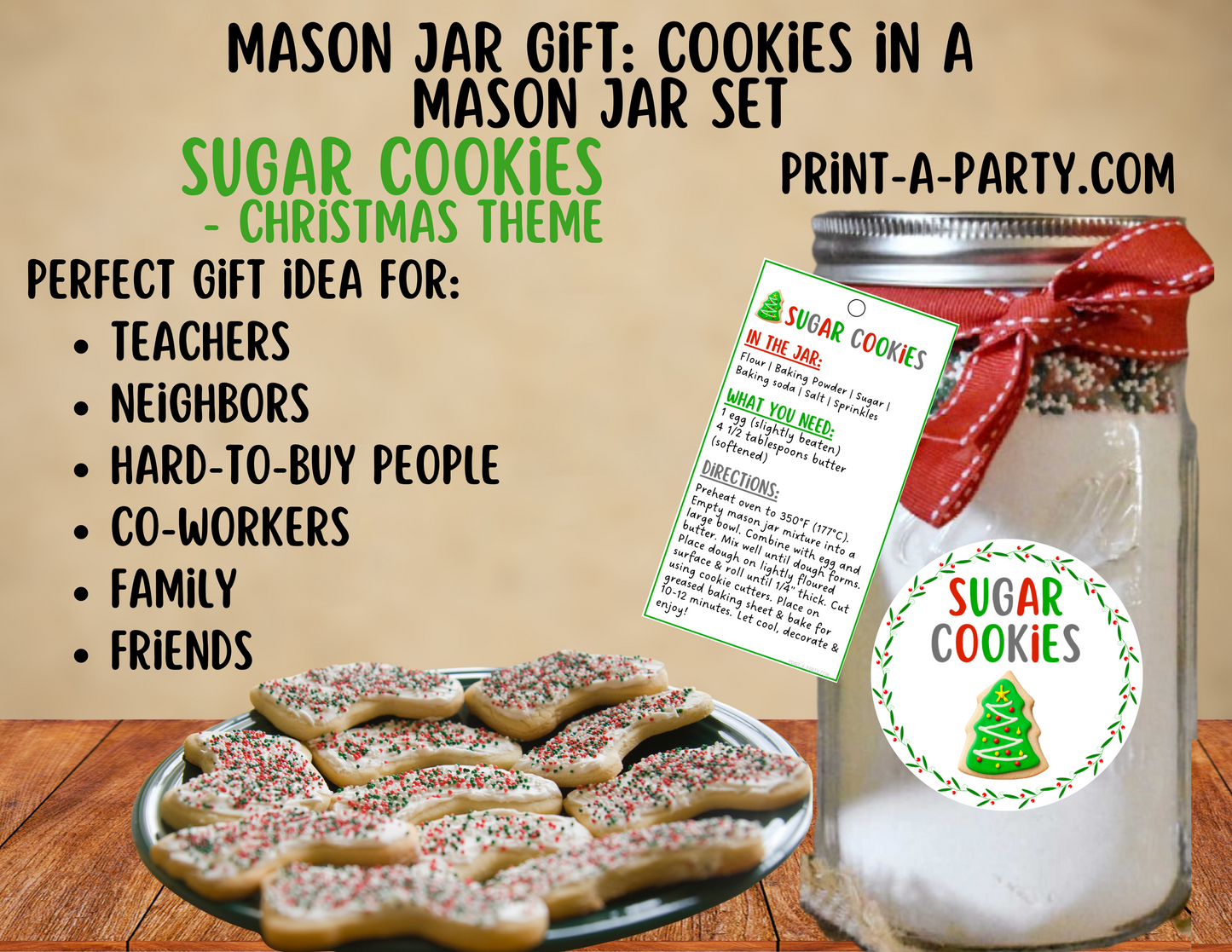 MASON JAR COOKIE GIFT: Sugar Cookies in a Mason Jar | Cookies in a jar gift | Christmas Sugar Cookies Mason Jar | Mason Jar Gift Kit | Holiday Gift Idea